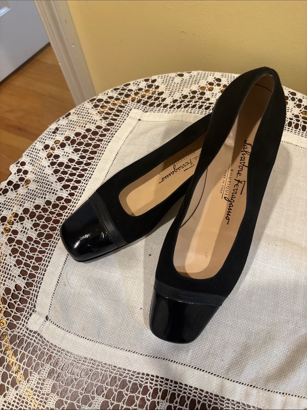 Salvatore Ferragamo Black Suede and Patent Leather Square-Toe Pumps